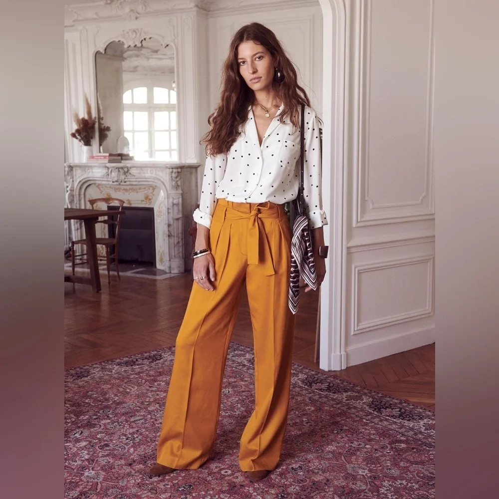 Sezane Arthur Pant in Cafe Brown Belted Wide Leg Trouser Paper Bag Waist Pleated - Picture 8 of 16